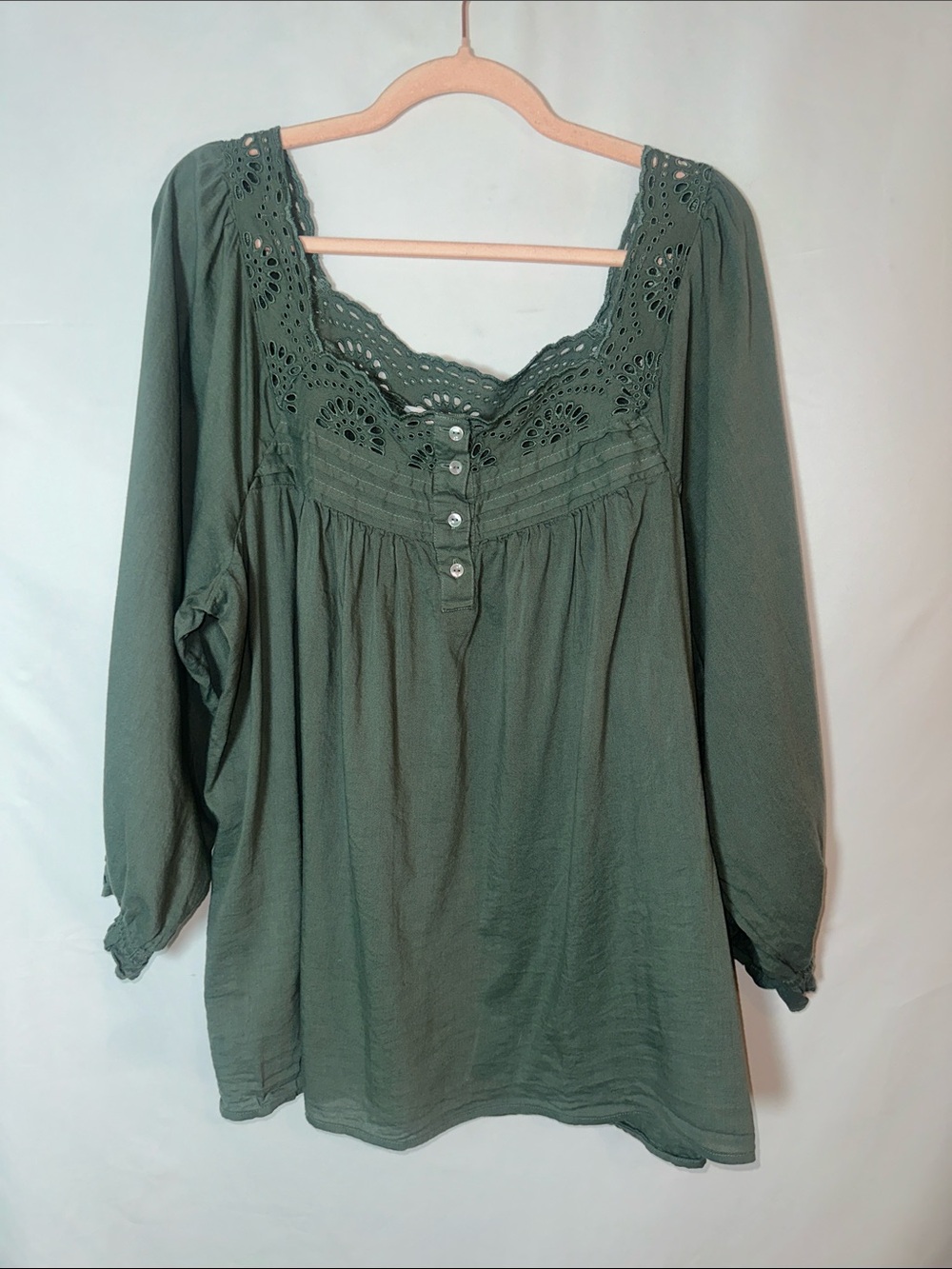 LC Lauren Conrad Olive Green Crochet-Trim Peasant Blouse